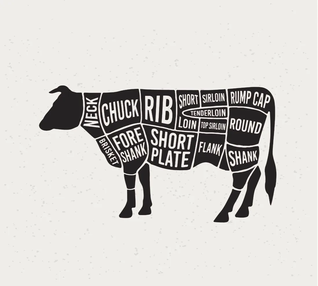Butcher diagram of a beef carcass showing chuck, rib, loin, sirloin, round, brisket, flank and shank