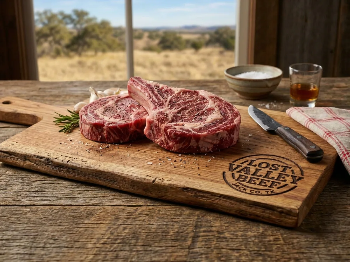 Two bone-in ribeye steaks on a cutting board branded Lost Valley Beef, Jack Co. TX